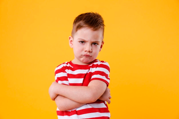 Por que meu filho não se comunica bem – clinica intelecta Criança com os braços cruzados e expressão de contrariação